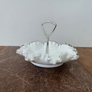 Fenton‎ Silver Crest Milk Glass Ruffled Candy Dish With Silver Handle Vintage